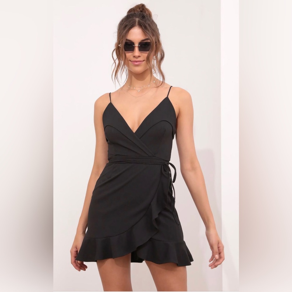 Lucy in the Sky Ruffle Dress Black Mini Straps Ruffled Skirt Side Tie L